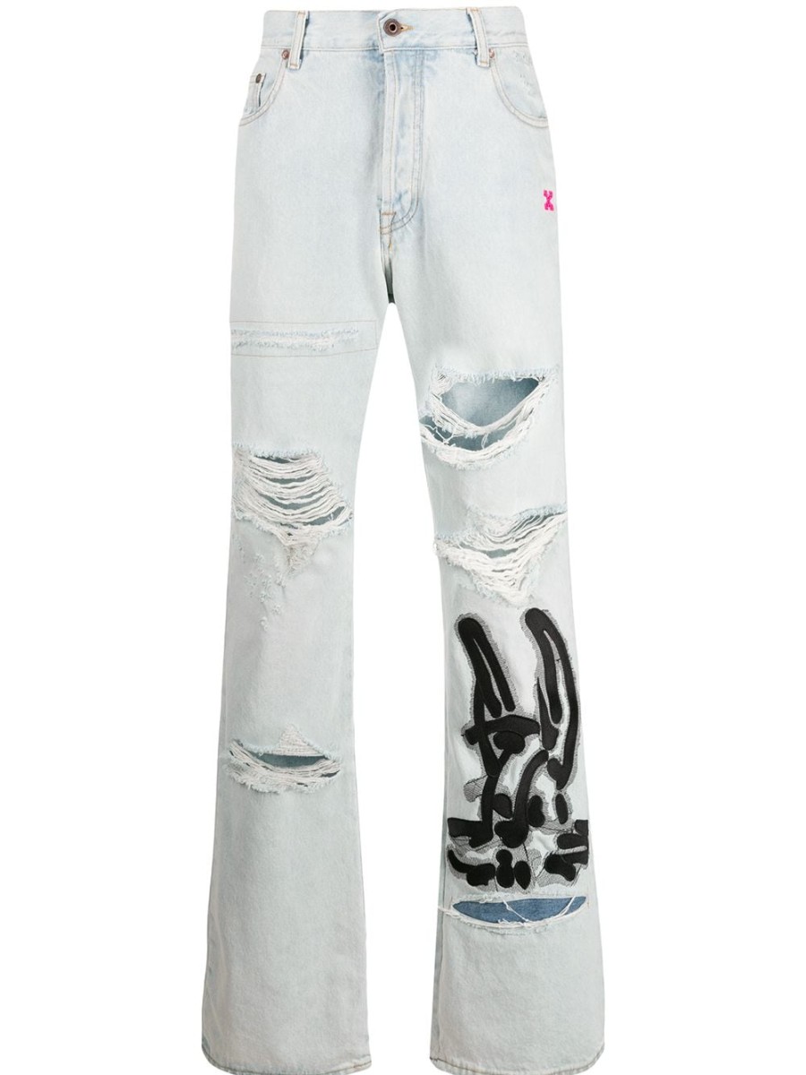 Mann Off-White | Cremefarbene Jeans Mit Haschenmuster Und Gebleichtem Effekt Farfetch