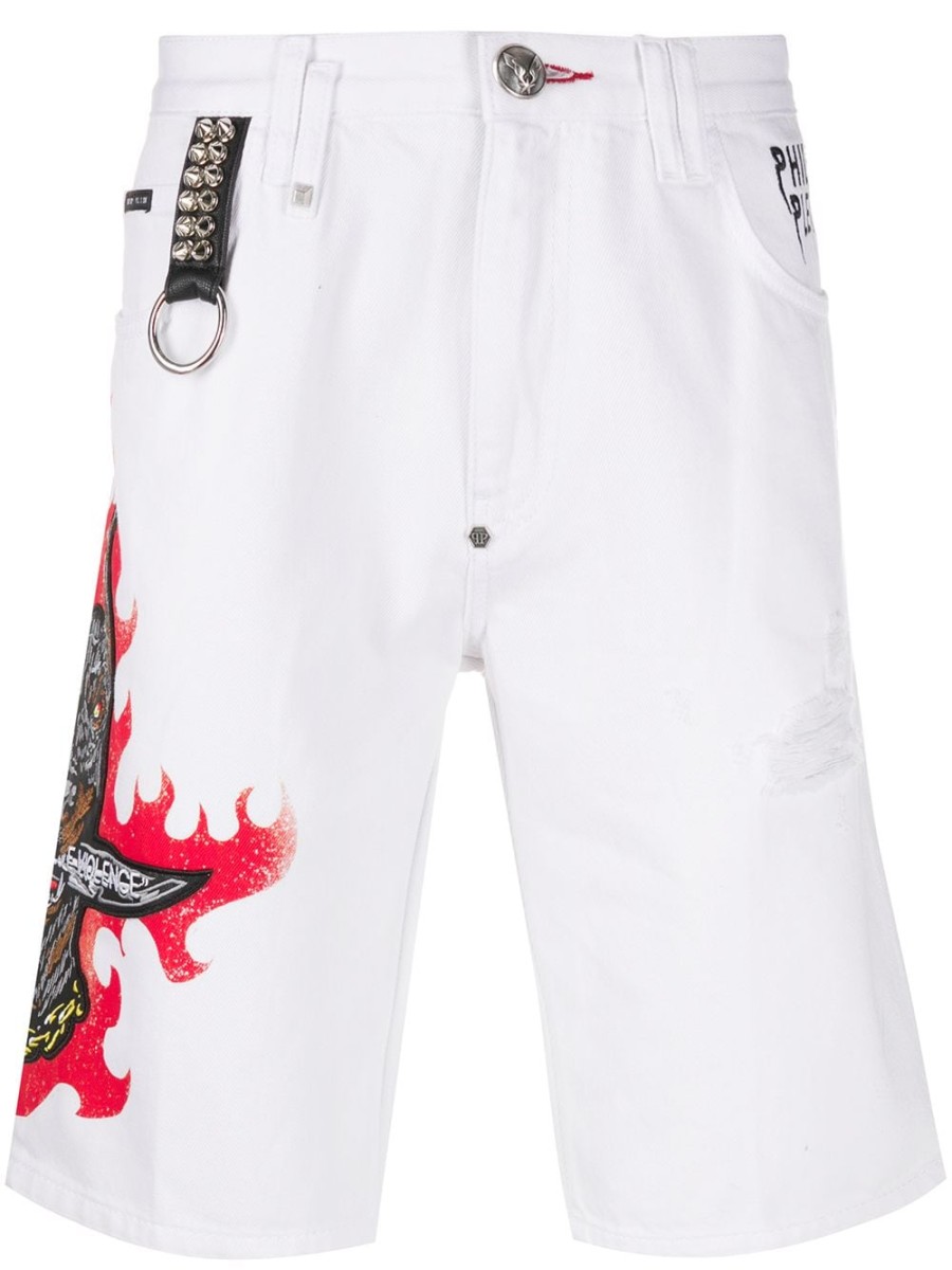 Mann Philipp Plein | Philipp Plein Jeans-Shorts Mit Besticktem Hund Farfetch